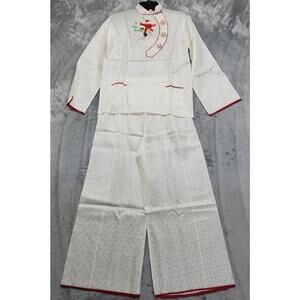 Vintage Asian Pajama Set Size M White‎ Red Silky Satin Jacquard Embroidered Crop